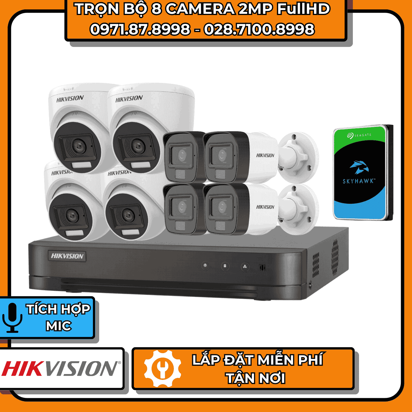 TRỌN BỘ 8 CAMERA 2MP FullHD HIKVISION - CÓ THU ÂM