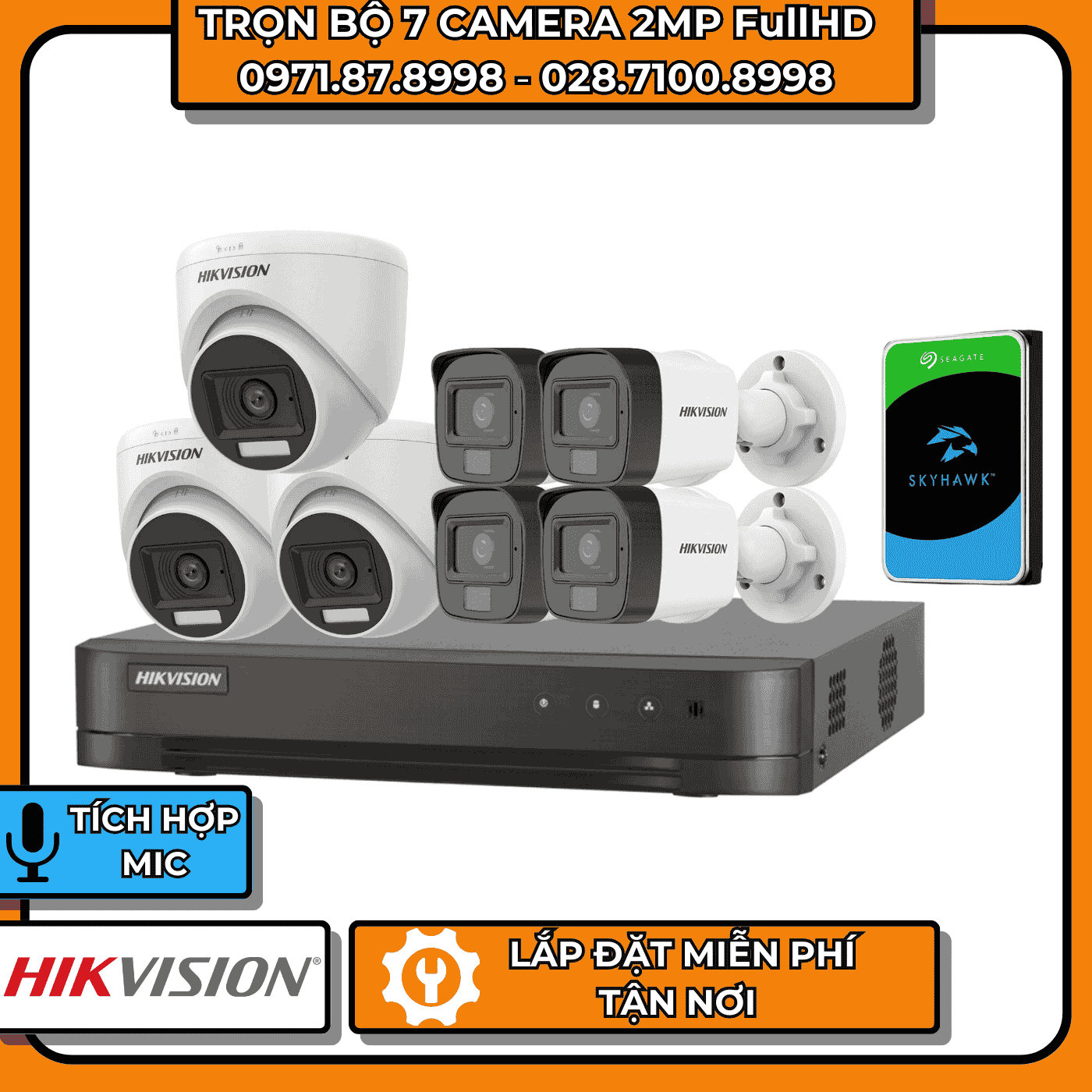 TRỌN BỘ 7 CAMERA 2MP FullHD HIKVISION - CÓ THU ÂM