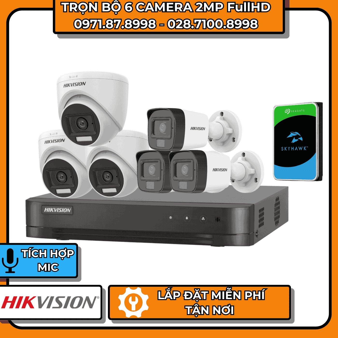 TRỌN BỘ 6 CAMERA 2MP FullHD HIKVISION - CÓ THU ÂM