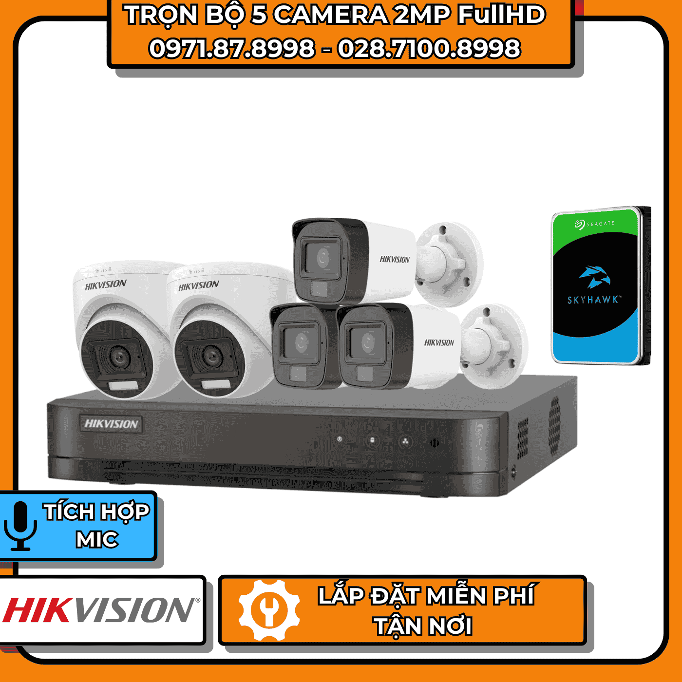 TRỌN BỘ 5 CAMERA 2MP FullHD HIKVISION - CÓ THU ÂM