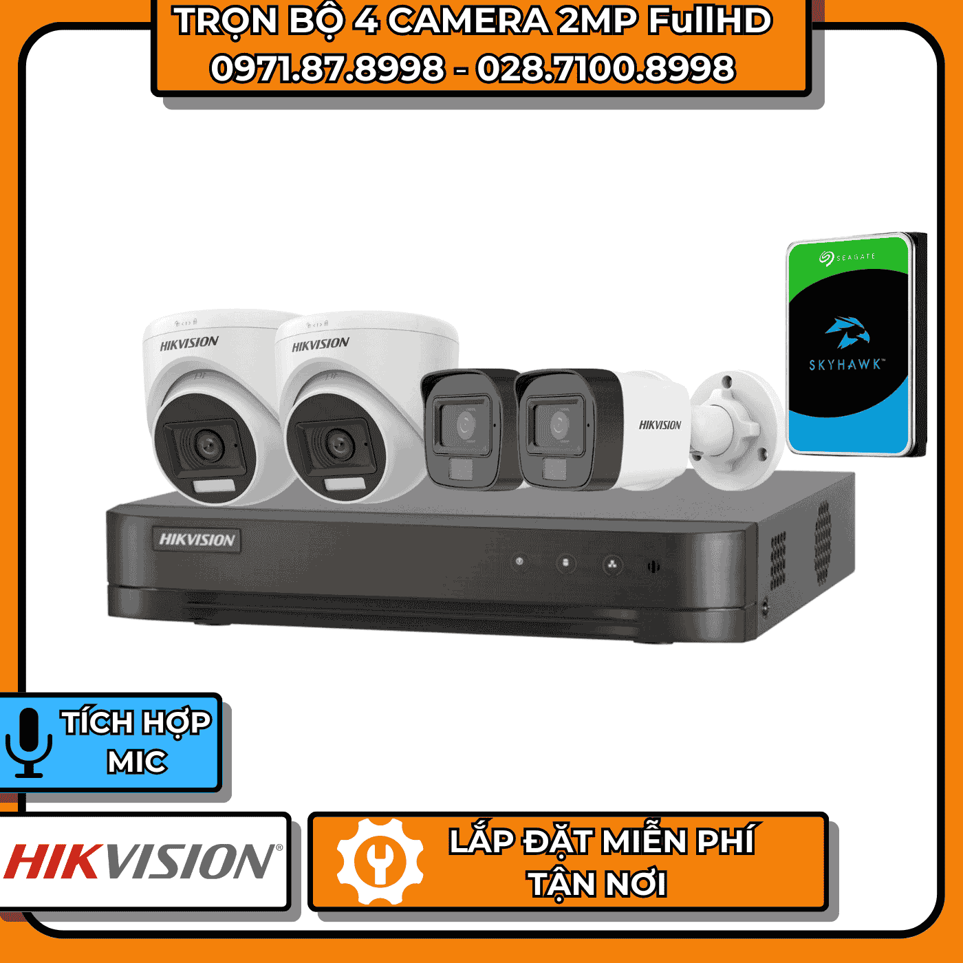 TRỌN BỘ 4 CAMERA 2MP FullHD HIKVISION - CÓ THU ÂM