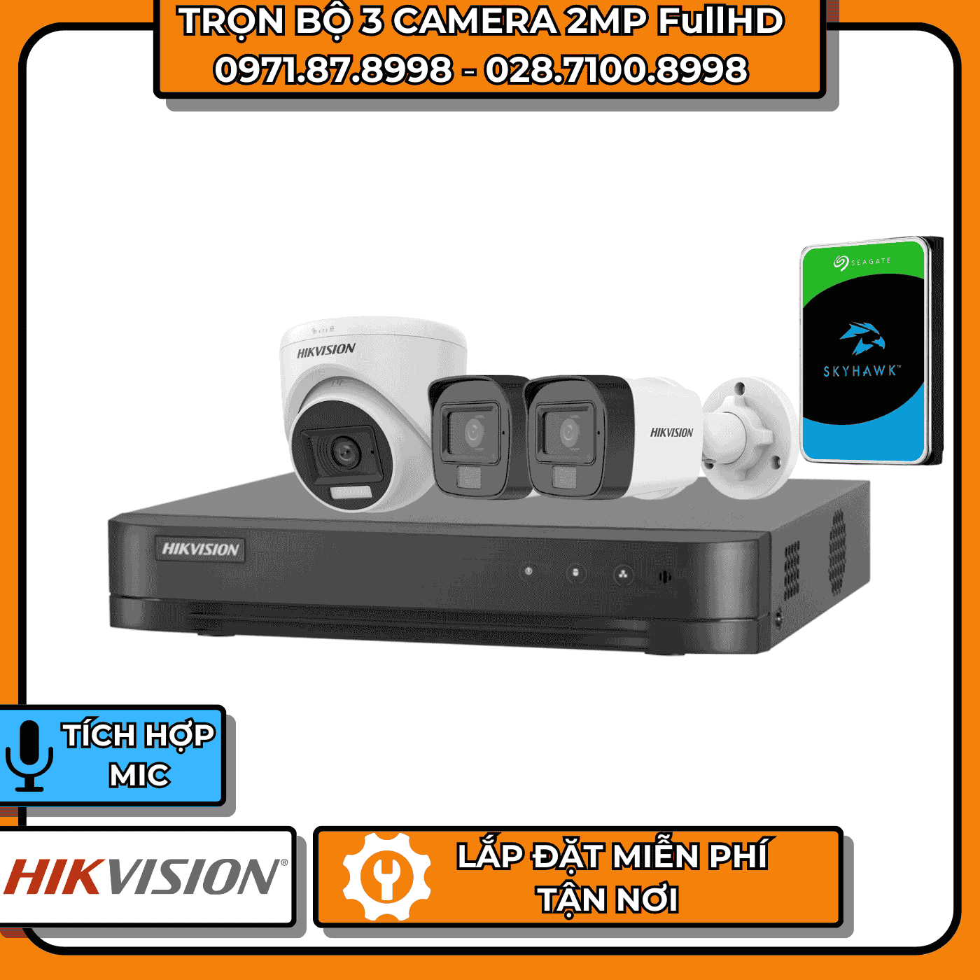 TRỌN BỘ 3 CAMERA 2MP FullHD HIKVISION - CÓ THU ÂM