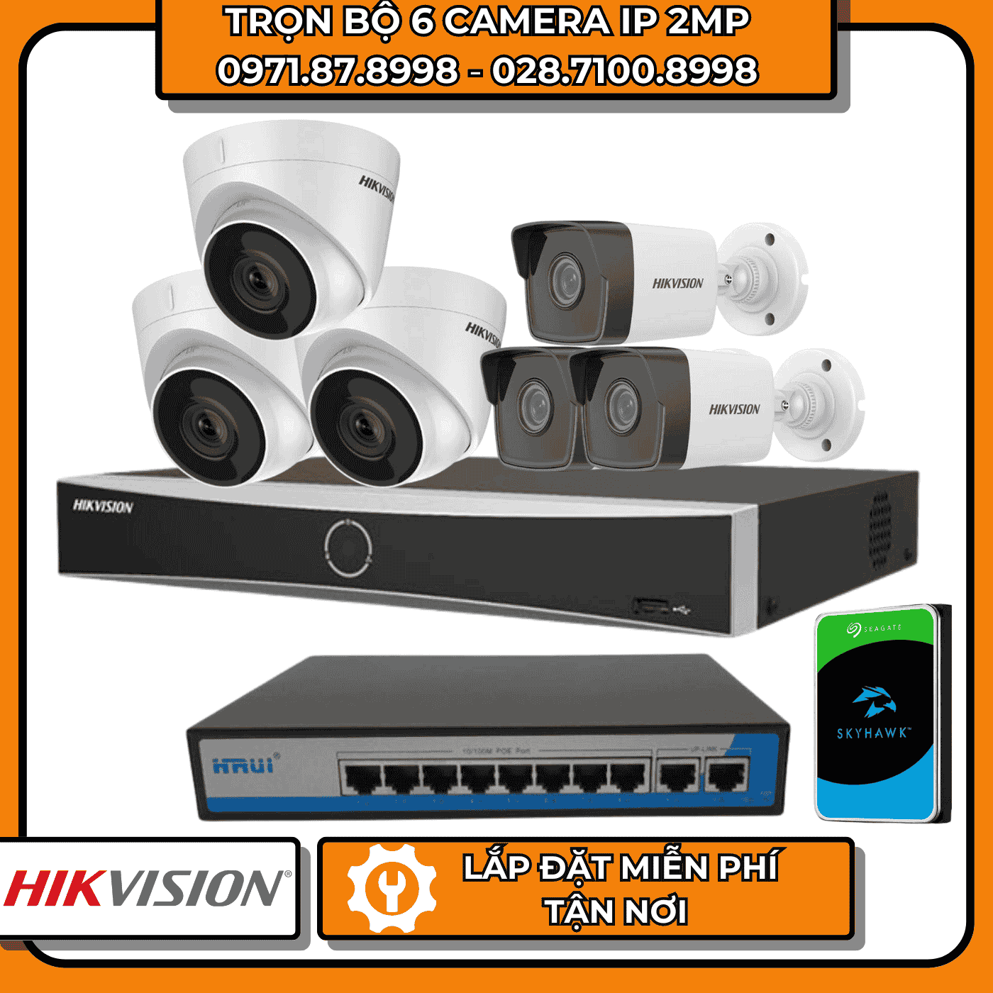 TRỌN BỘ 6 CAMERA IP 2MP HIKVISION