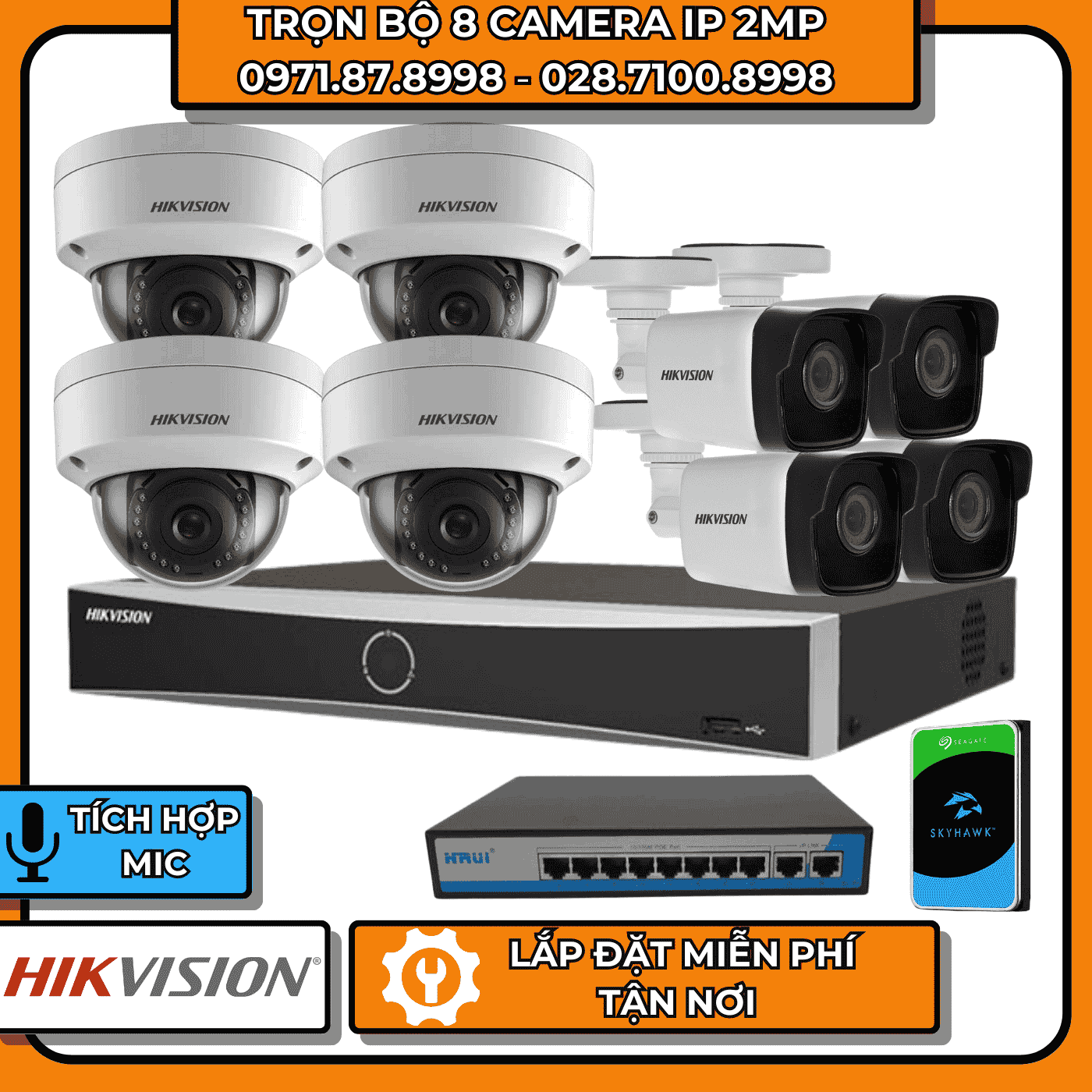 TRỌN BỘ 8 CAMERA IP 2MP HIKVISION + CÓ THU ÂM