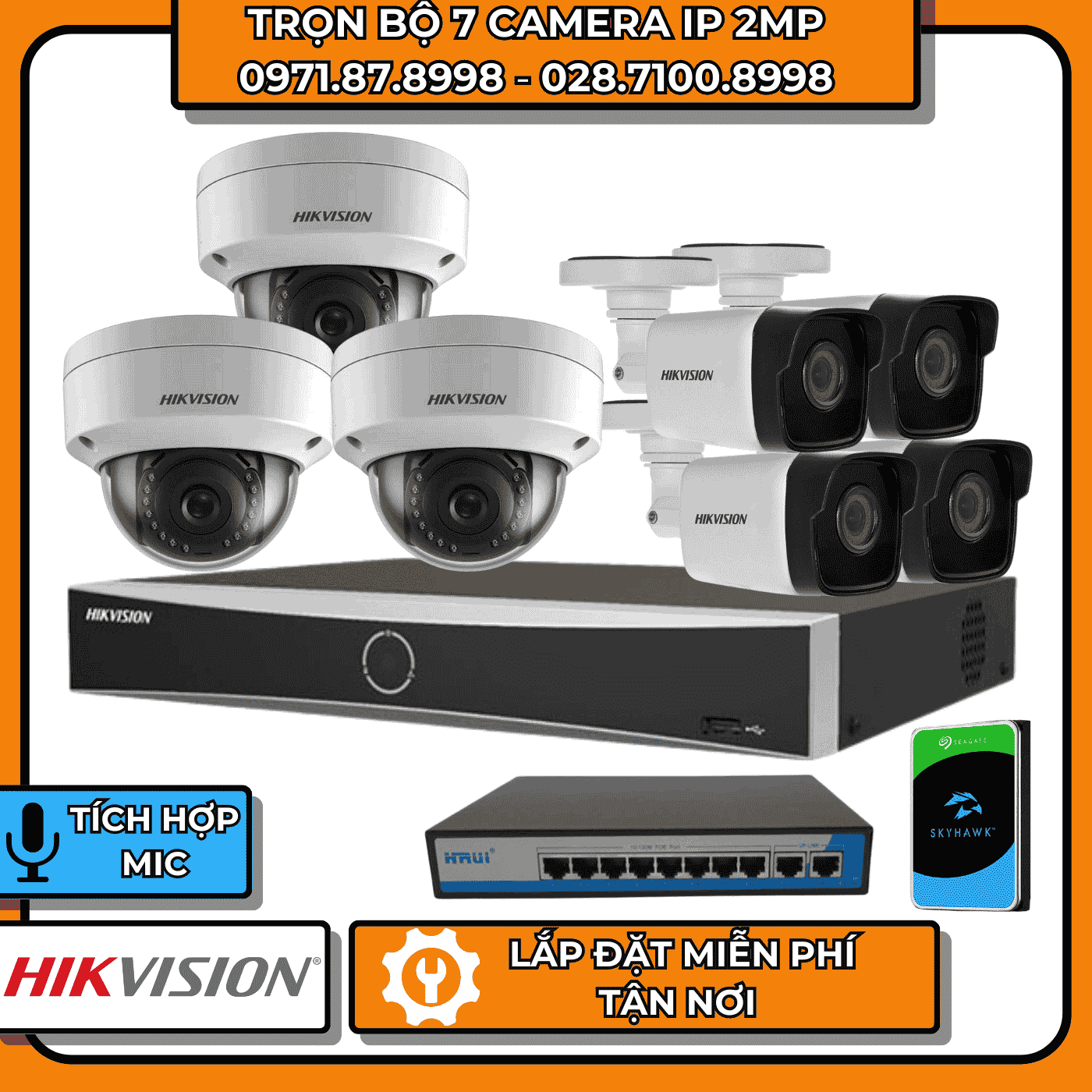 TRỌN BỘ 7 CAMERA IP 2MP HIKVISION + CÓ THU ÂM