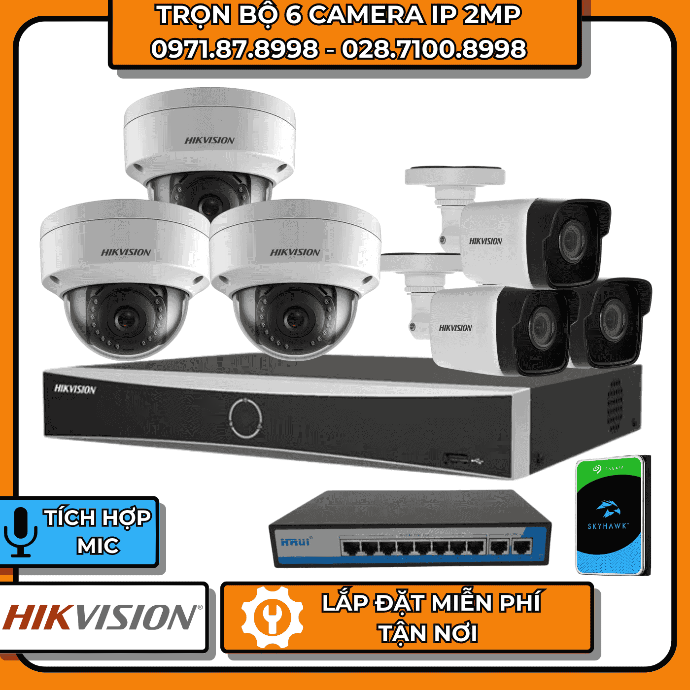 TRỌN BỘ 6 CAMERA IP 2MP HIKVISION + CÓ THU ÂM