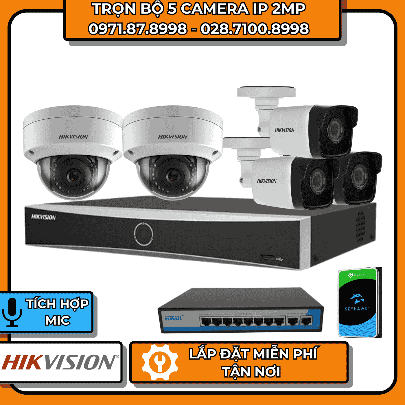 TRỌN BỘ 5 CAMERA IP 2MP HIKVISION + CÓ THU ÂM