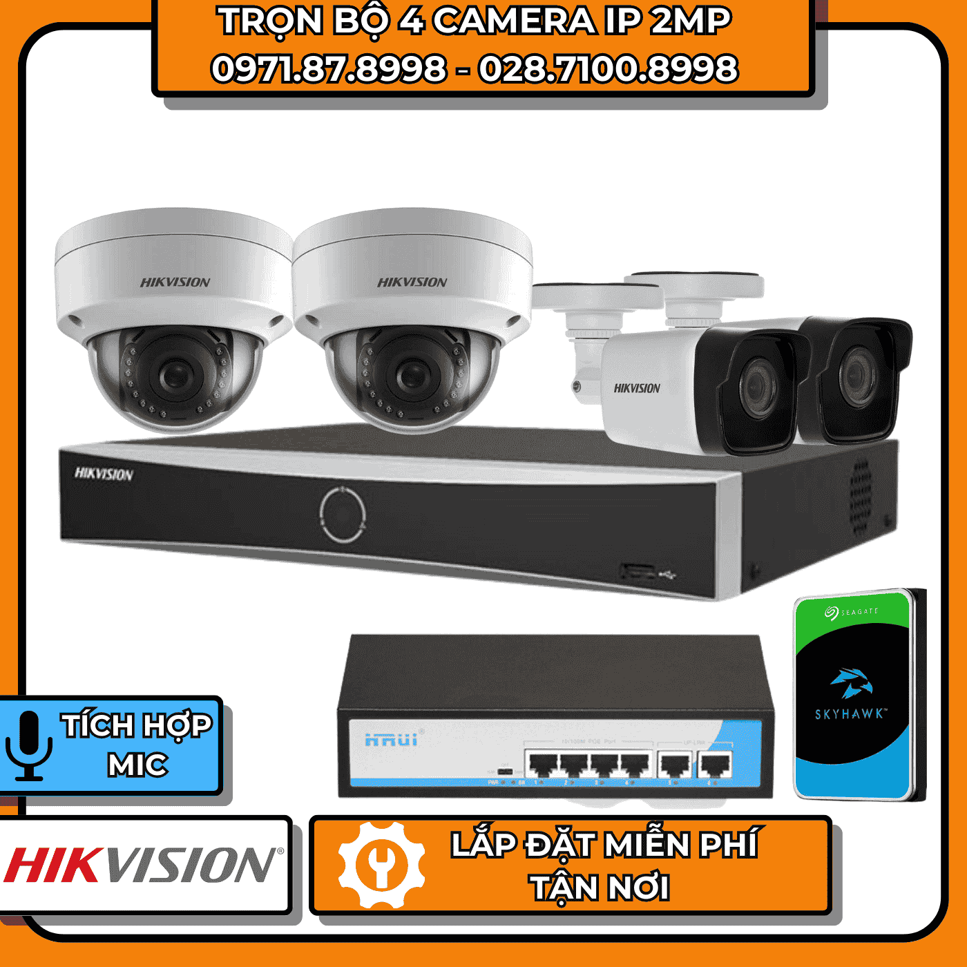 TRỌN BỘ 4 CAMERA IP 2MP HIKVISION + CÓ THU ÂM