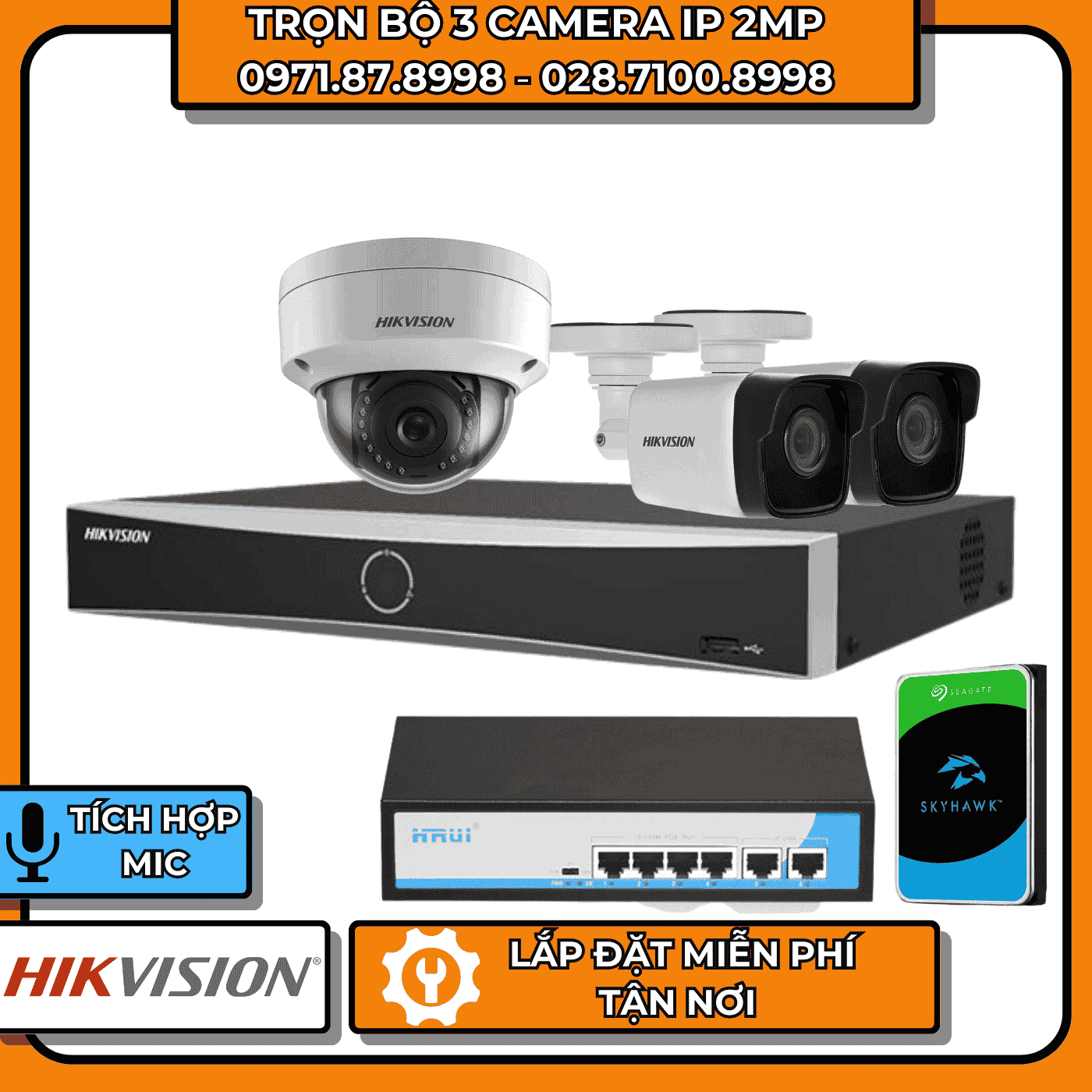 TRỌN BỘ 3 CAMERA IP 2MP HIKVISION + CÓ THU ÂM