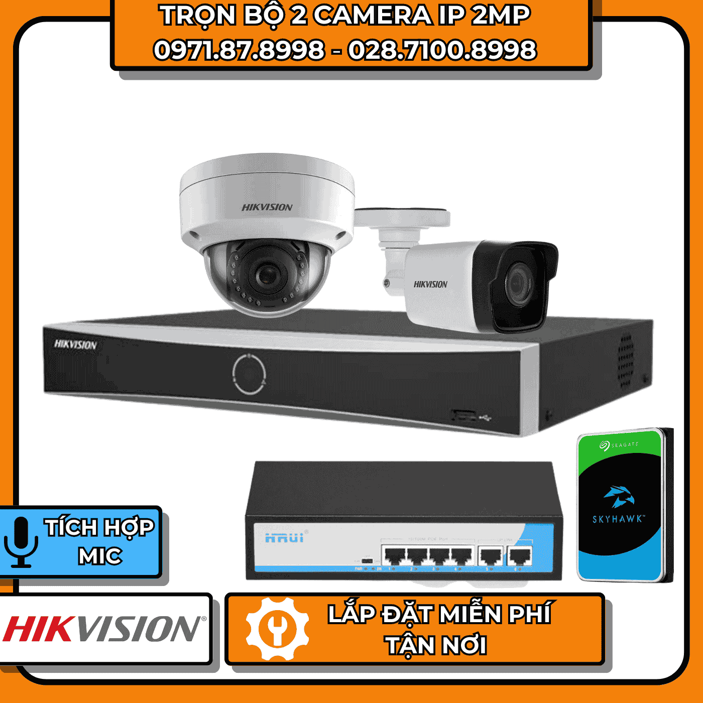 TRỌN BỘ 2 CAMERA IP 2MP HIKVISION + CÓ THU ÂM