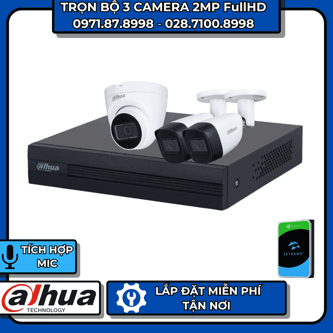 TRỌN BỘ 3 CAMERA 2MP FULLHD DAHUA - CÓ THU ÂM