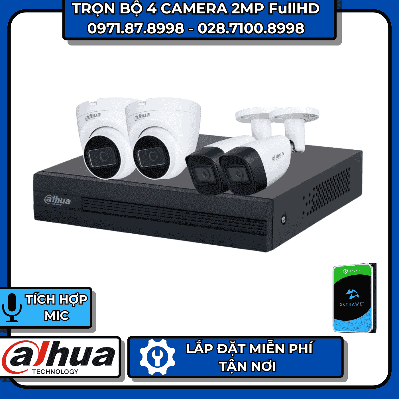 TRỌN BỘ 4 CAMERA 2MP FULLHD DAHUA - CÓ THU ÂM