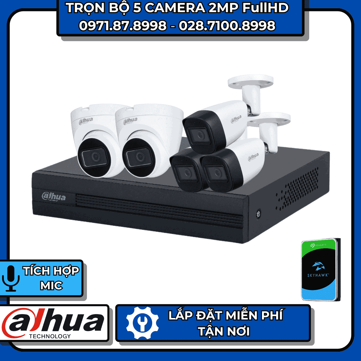 TRỌN BỘ 5 CAMERA 2MP FULLHD DAHUA - CÓ THU ÂM