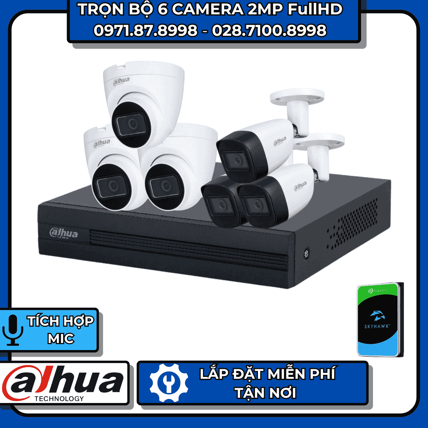 TRỌN BỘ 6 CAMERA 2MP FULLHD DAHUA - CÓ THU ÂM