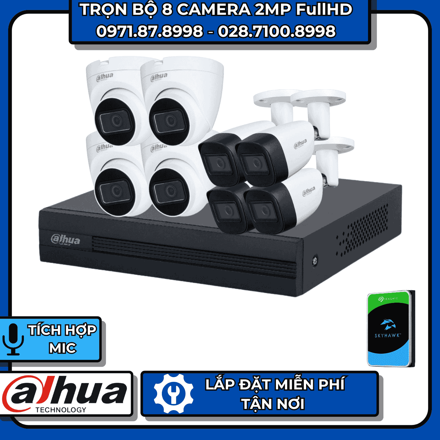 TRỌN BỘ 8 CAMERA 2MP FULLHD DAHUA - CÓ THU ÂM