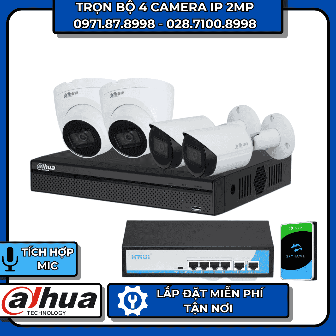 TRỌN BỘ 4 CAMERA IP 2MP DAHUA - CÓ THU ÂM