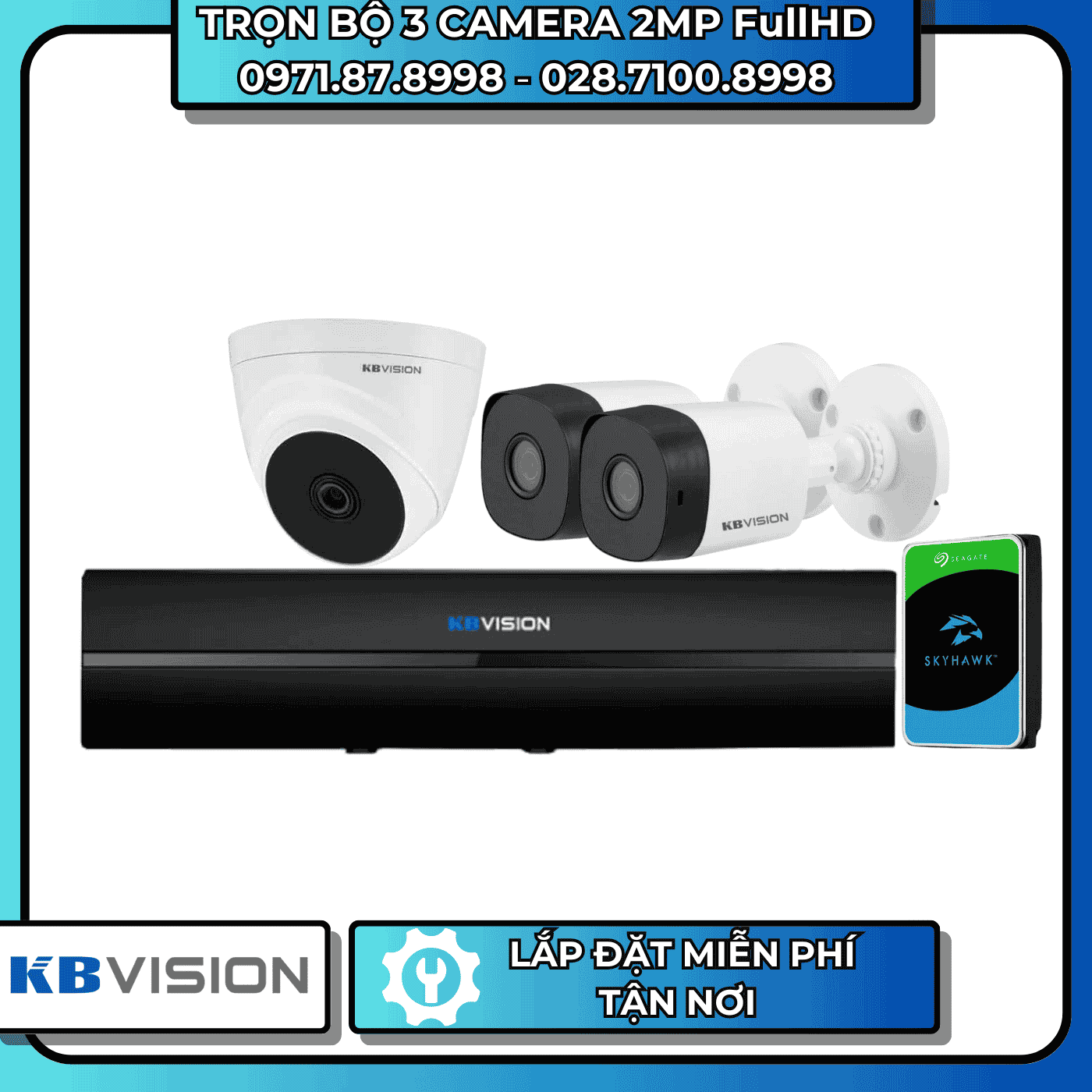 TRỌN BỘ 3 CAMERA 2MP FullHD KBVISION