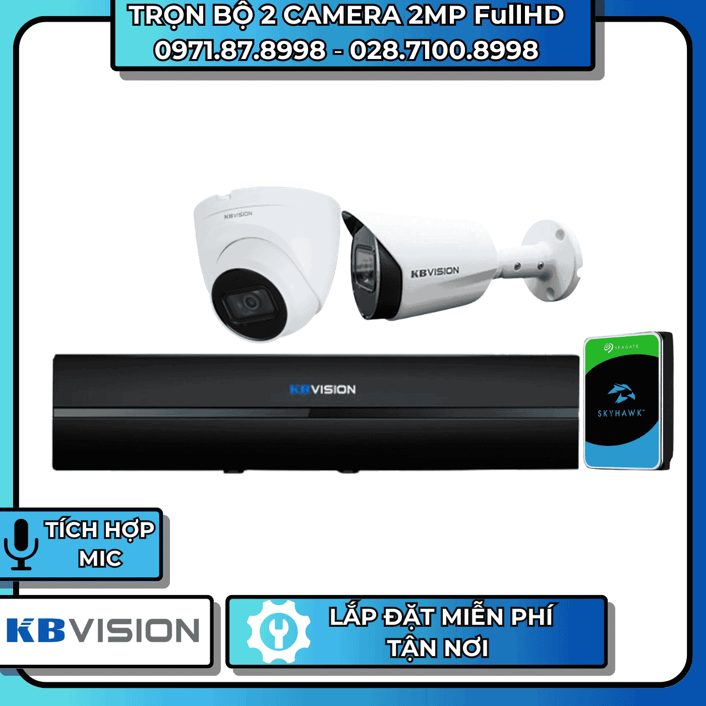 TRỌN BỘ 2 CAMERA 2MP FullHD KBVISION - CÓ THU ÂM