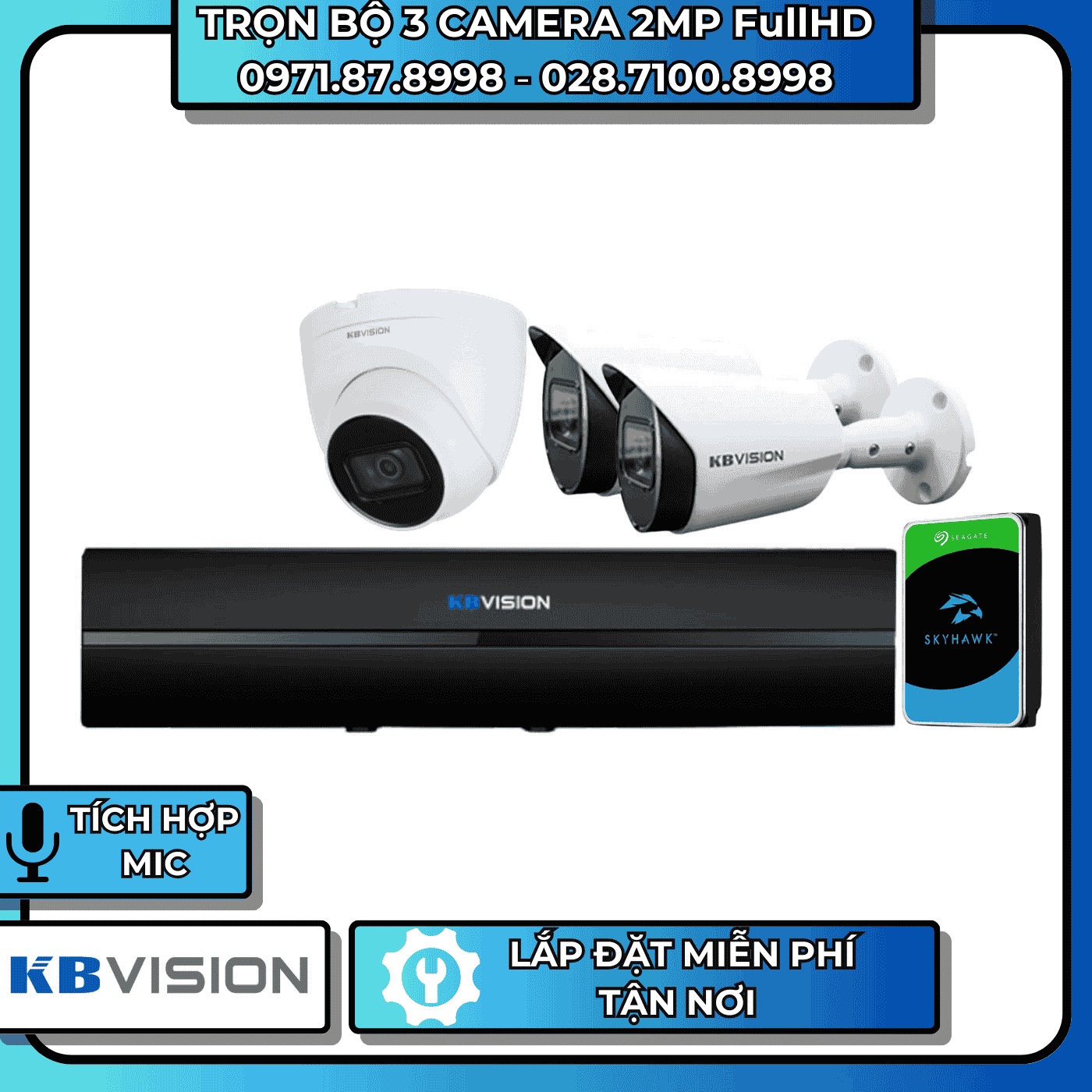 TRỌN BỘ 3 CAMERA 2MP FullHD KBVISION - CÓ THU ÂM