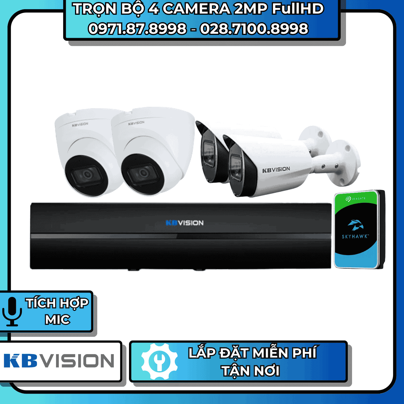 TRỌN BỘ 4 CAMERA 2MP FullHD KBVISION - CÓ THU ÂM