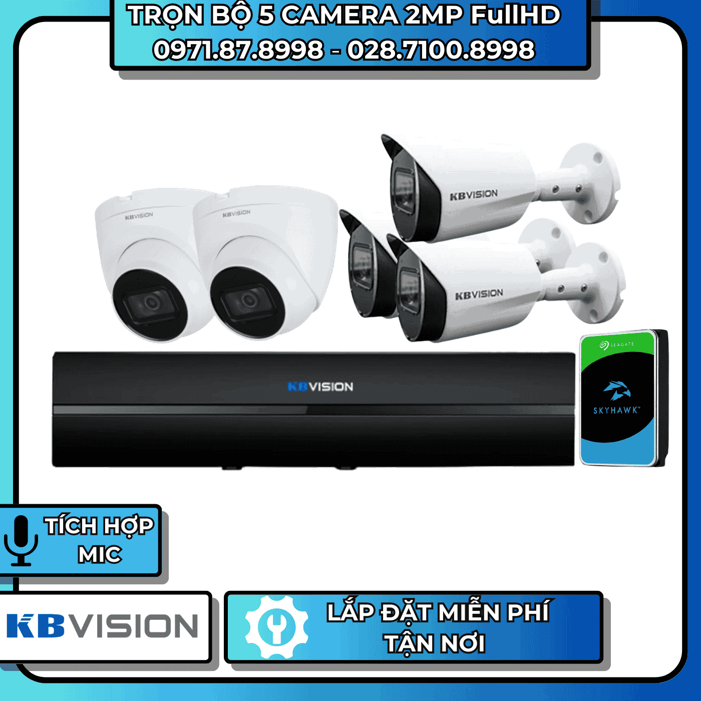 TRỌN BỘ 5 CAMERA 2MP FullHD KBVISION - CÓ THU ÂM