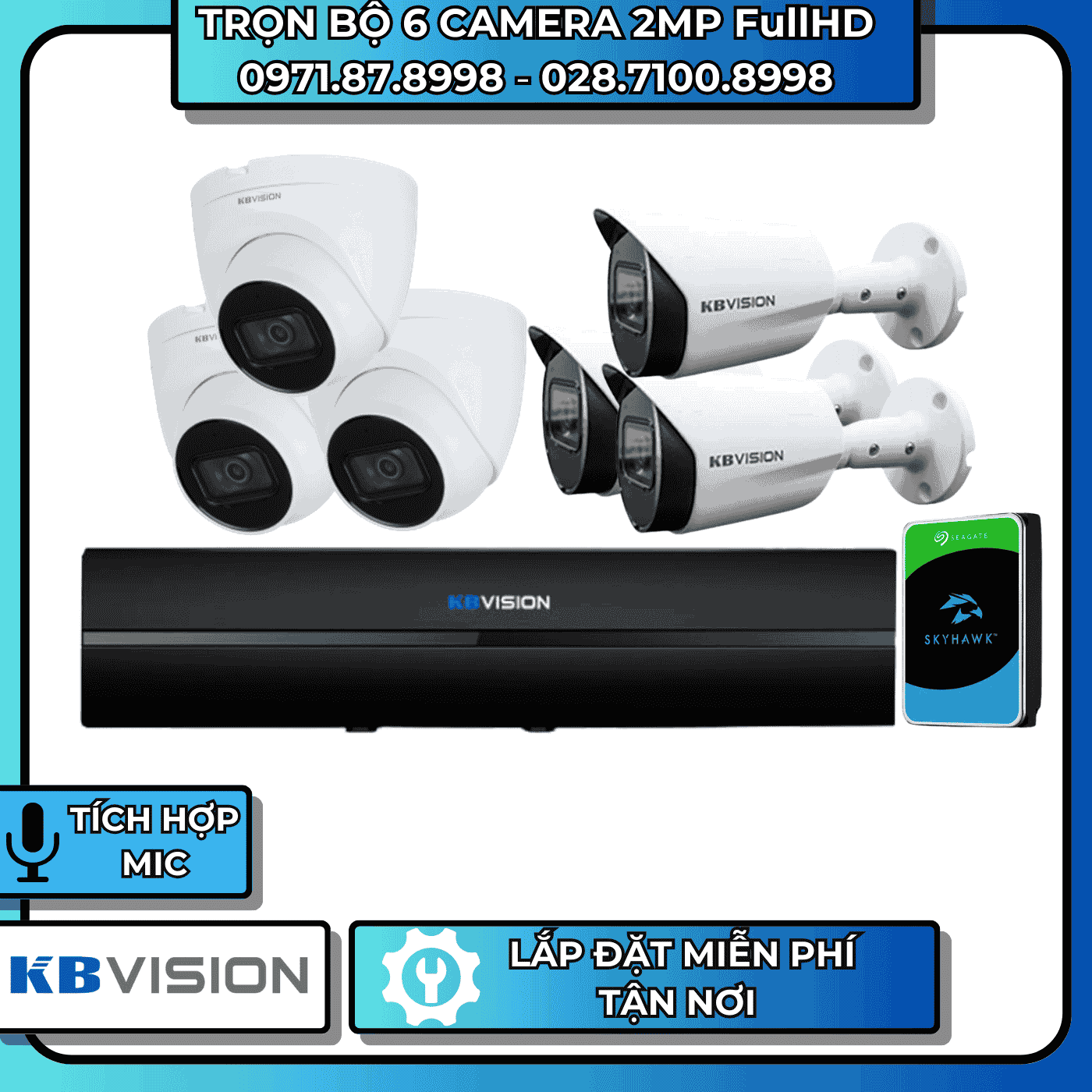 TRỌN BỘ 6 CAMERA 2MP FullHD KBVISION - CÓ THU ÂM