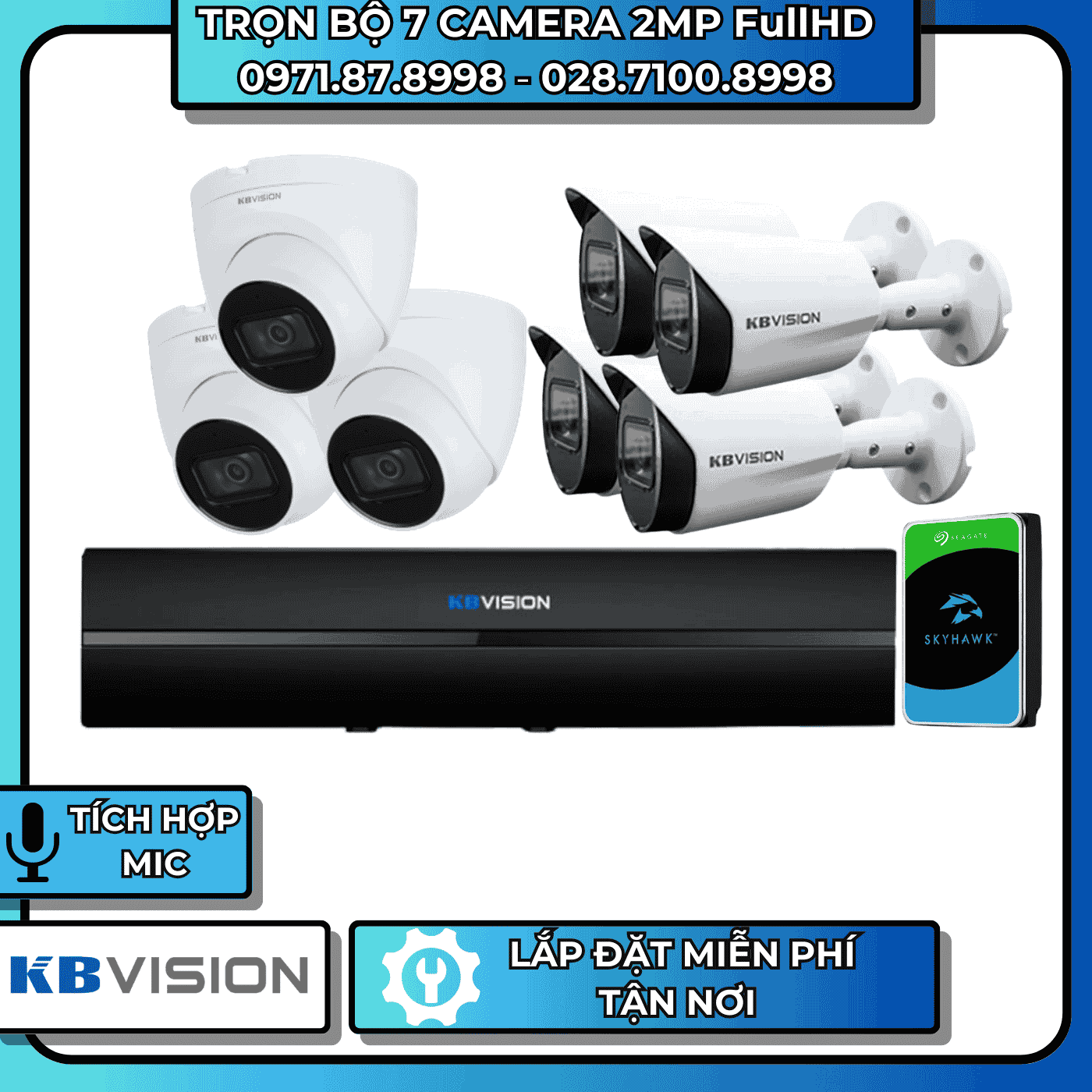 TRỌN BỘ 7 CAMERA 2MP FullHD KBVISION - CÓ THU ÂM