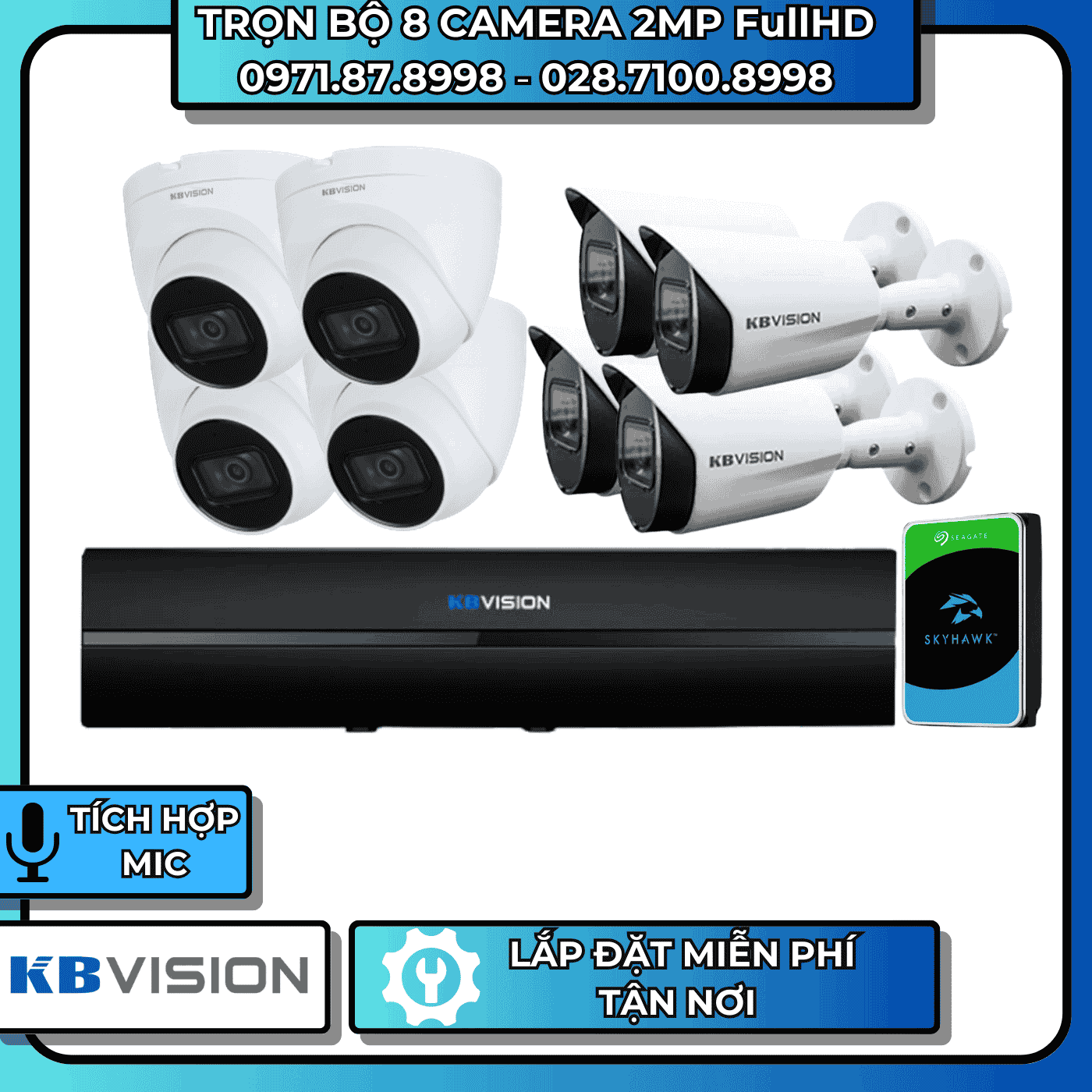 TRỌN BỘ 8 CAMERA 2MP FullHD KBVISION - CÓ THU ÂM