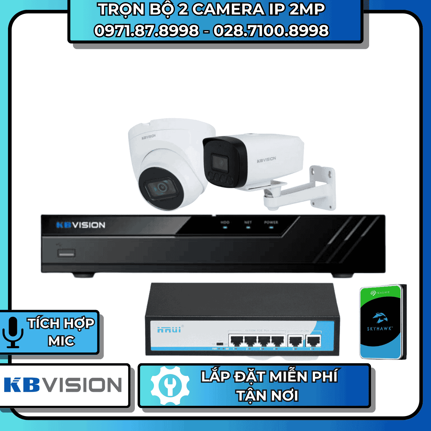 TRỌN BỘ 2 CAMERA IP 2MP KBVISION - CÓ THU ÂM