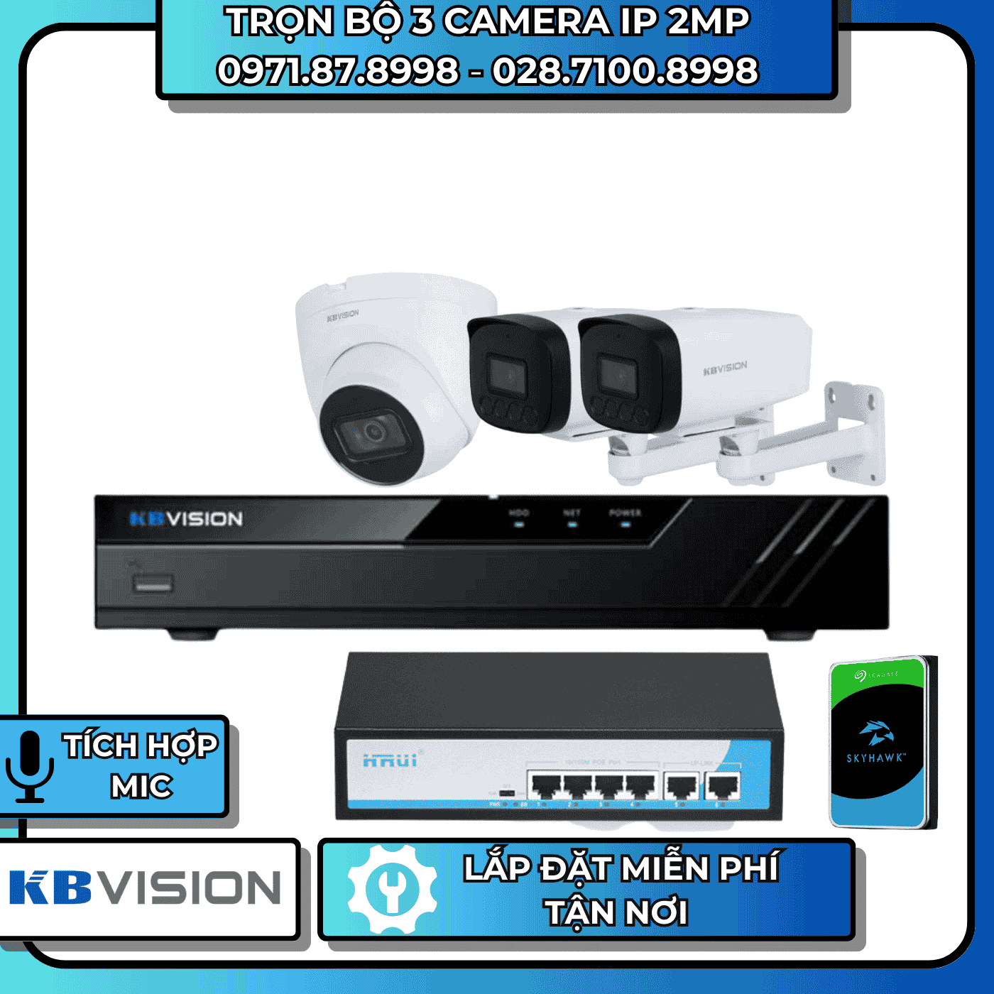 TRỌN BỘ 3 CAMERA IP 2MP KBVISION - CÓ THU ÂM