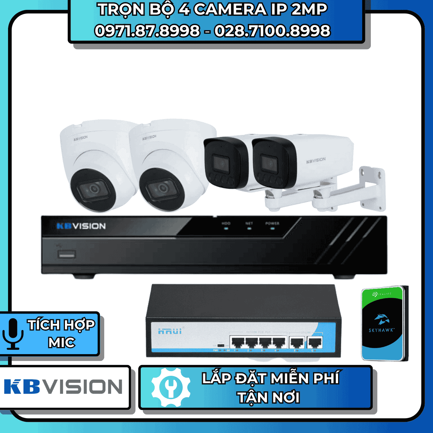 TRỌN BỘ 4 CAMERA IP 2MP KBVISION - CÓ THU ÂM