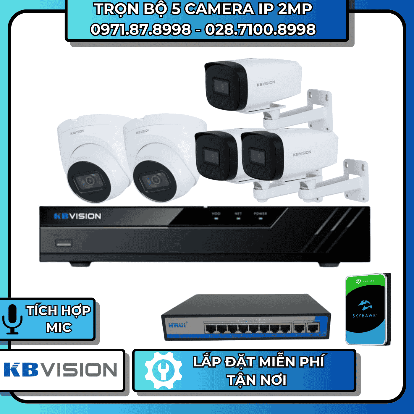 TRỌN BỘ 5 CAMERA IP 2MP KBVISION - CÓ THU ÂM