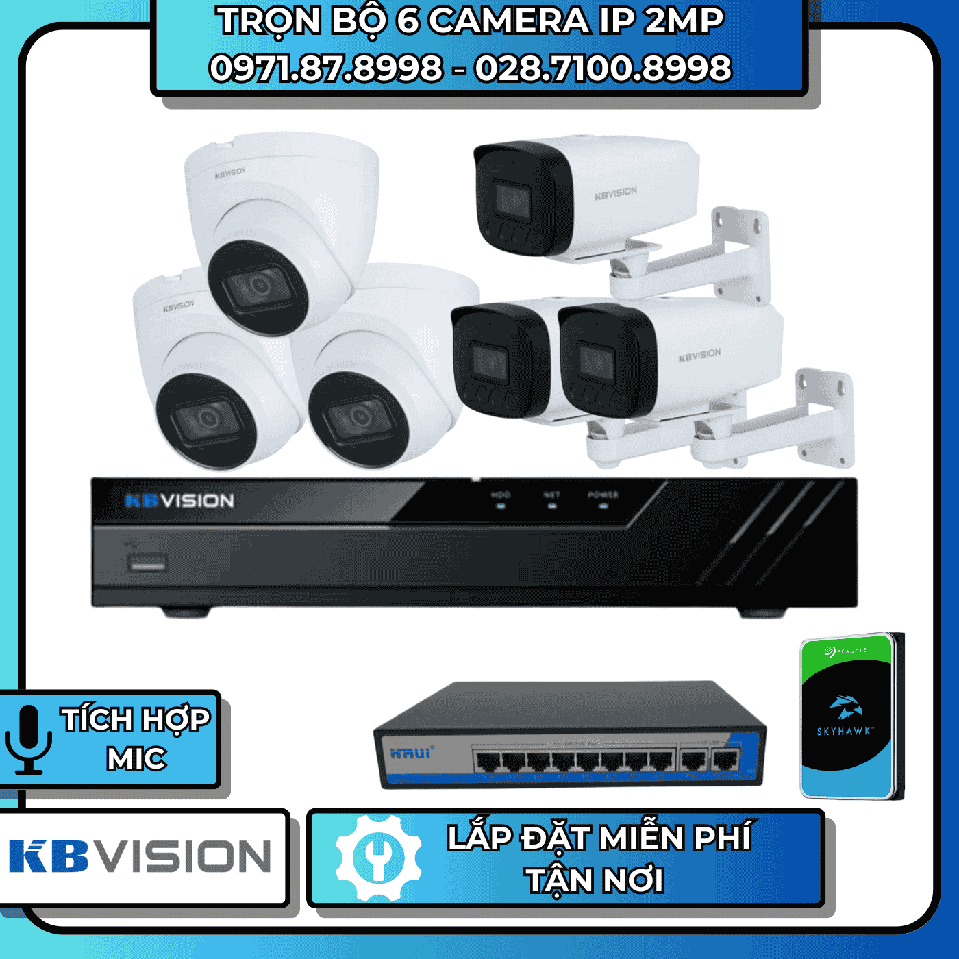 TRỌN BỘ 6 CAMERA IP 2MP KBVISION - CÓ THU ÂM