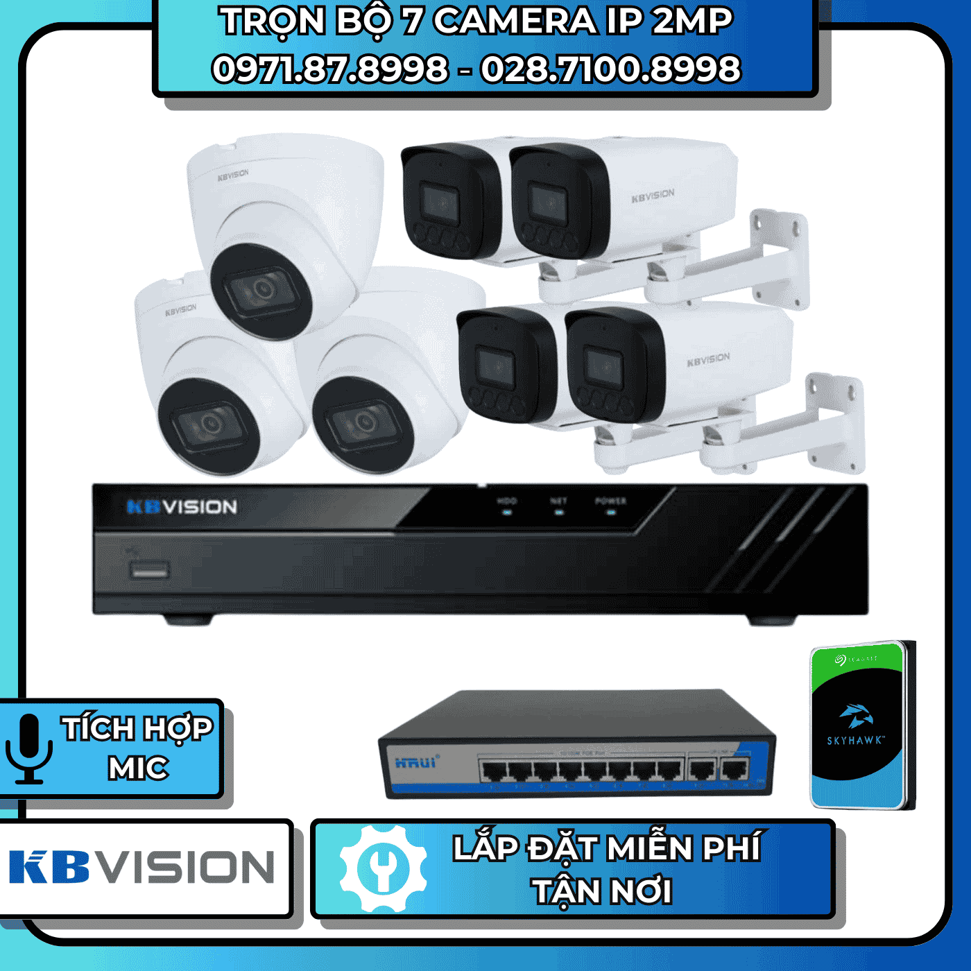 TRỌN BỘ 7 CAMERA IP 2MP KBVISION - CÓ THU ÂM