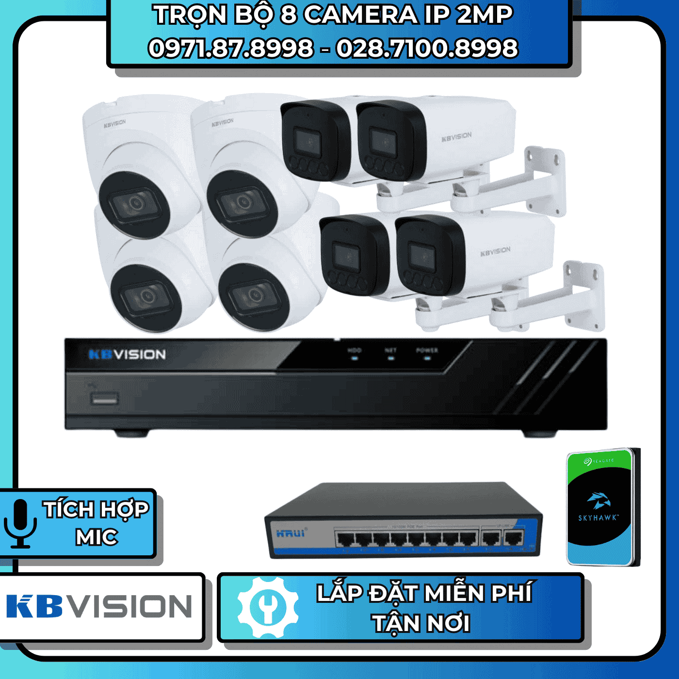 TRỌN BỘ 8 CAMERA IP 2MP KBVISION - CÓ THU ÂM