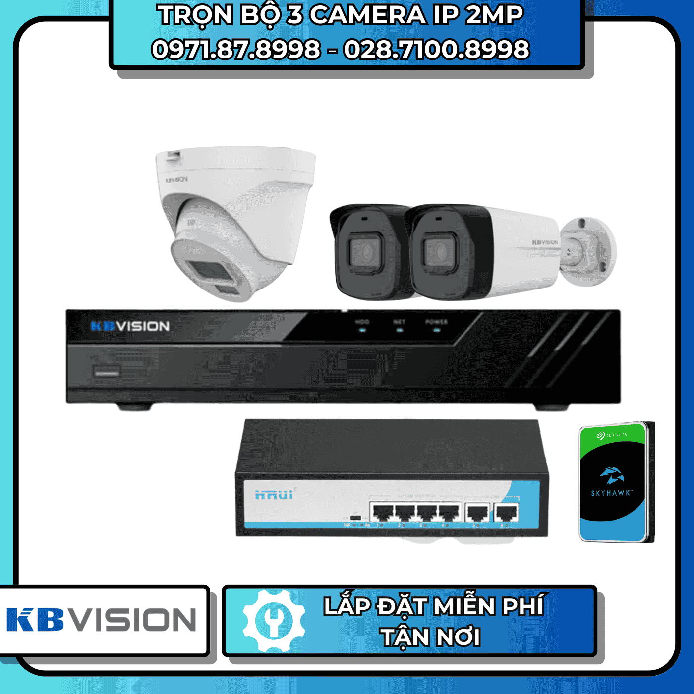 TRỌN BỘ 3 CAMERA IP 2MP KBVISION