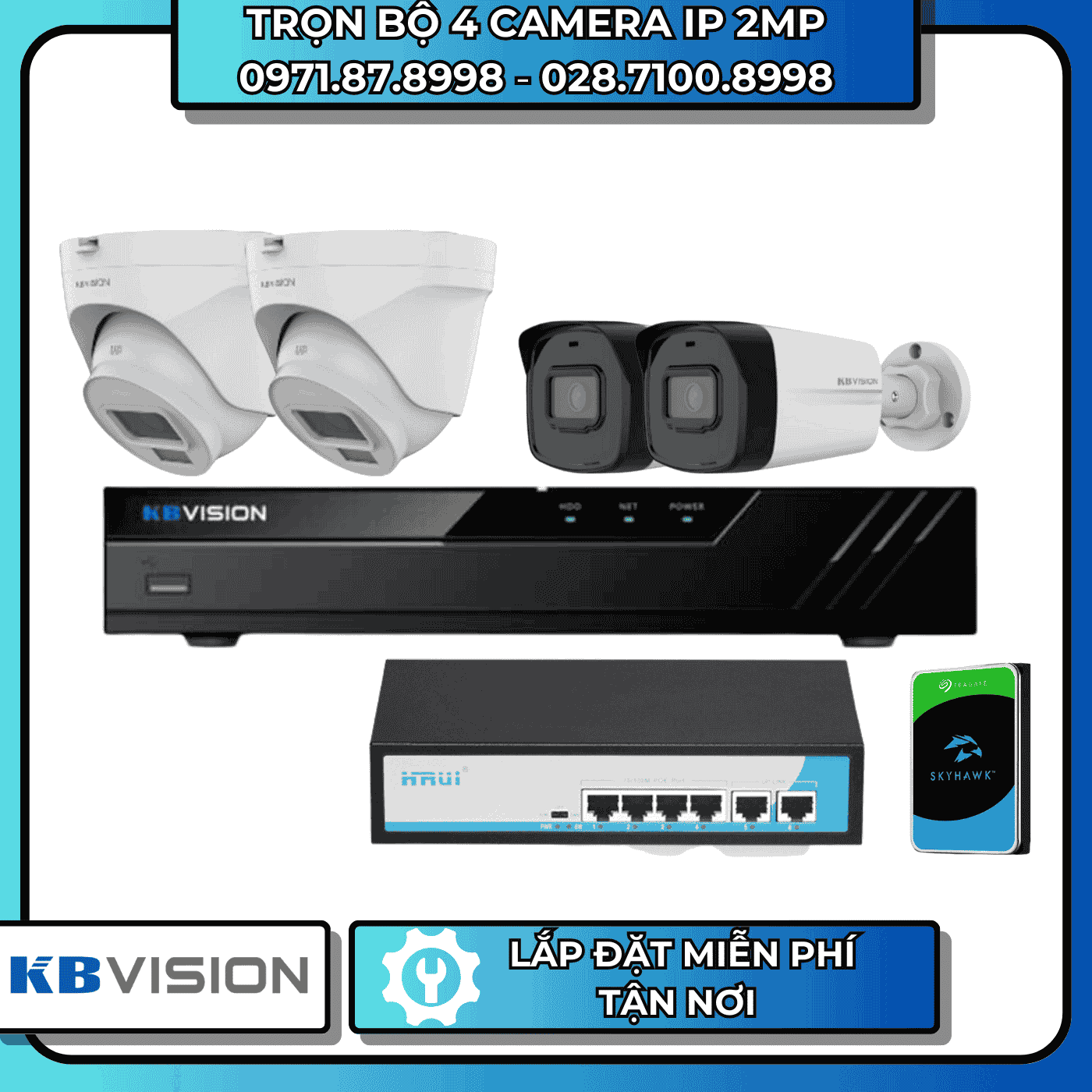 TRỌN BỘ 4 CAMERA IP 2MP KBVISION