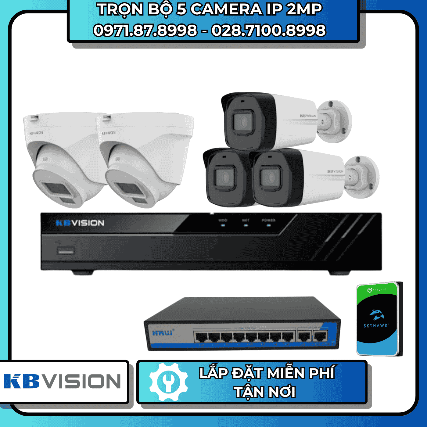 TRỌN BỘ 5 CAMERA IP 2MP KBVISION