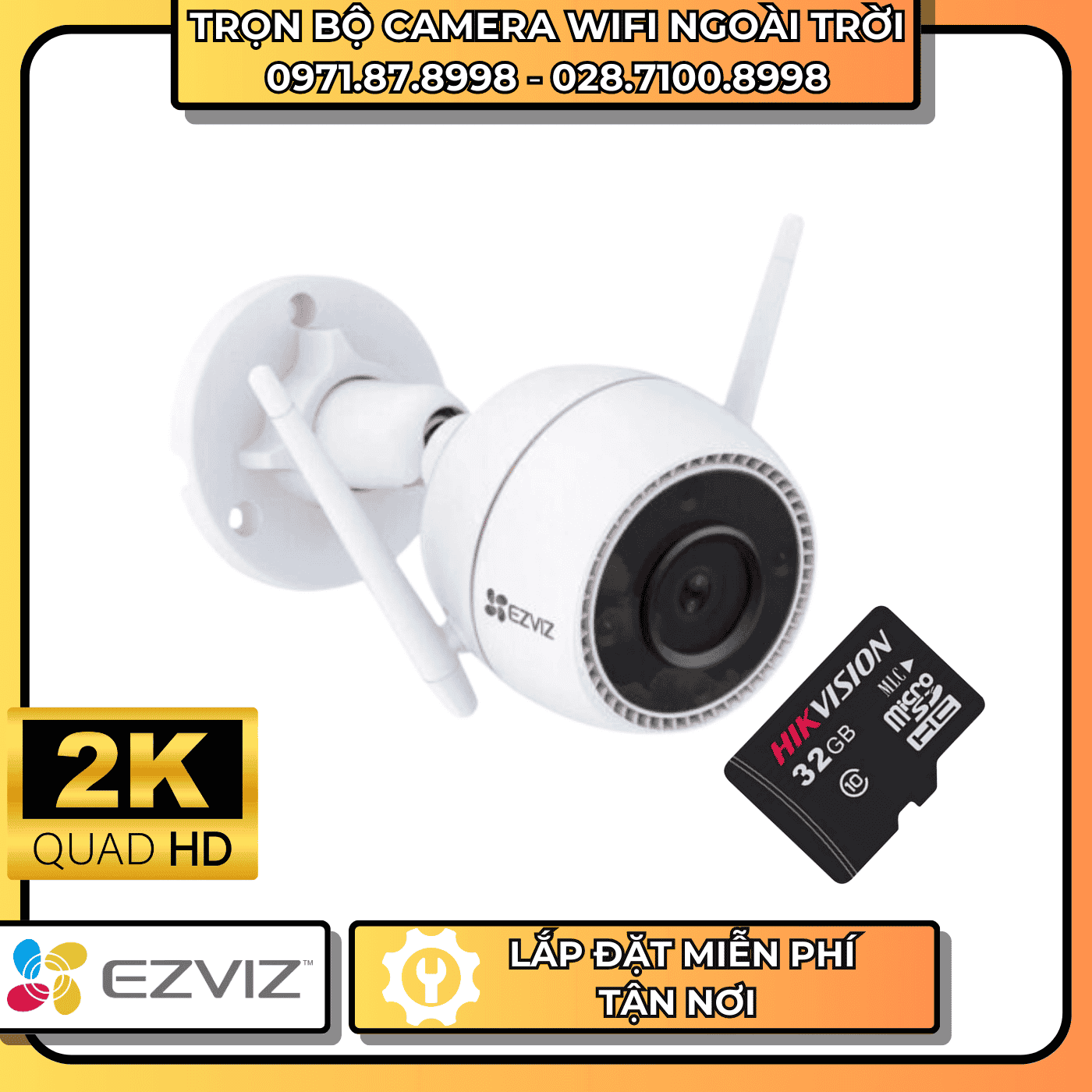 TRỌN BỘ CAMERA WIFI 2K EZVIZ - NGOÀI TRỜI + THẺ NHỚ LƯU TRỮ