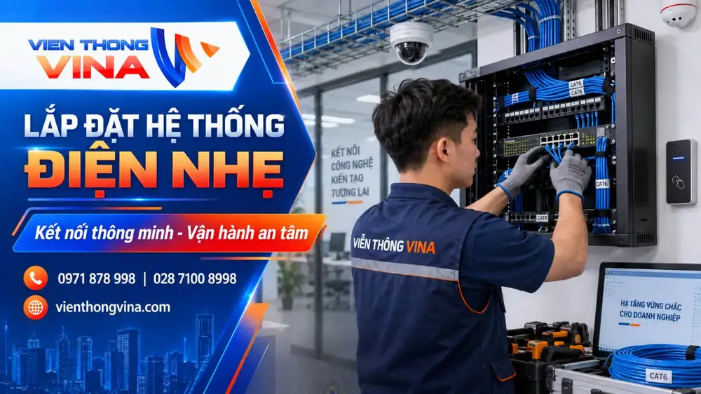 Kỹ thuật viên đấu nối dây mạng CAT6 vào tủ rack khi lắp đặt hệ thống điện nhẹ cho văn phòng