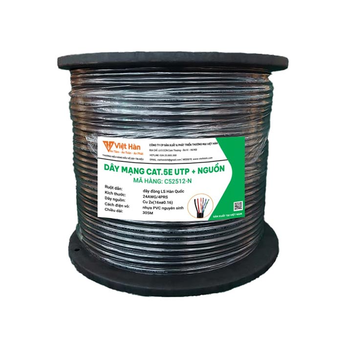 Dây cáp mạng Việt Hàn CAT5E UTP kèm nguồn 25AWG vỏ màu trắng